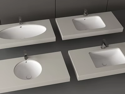 Four Different Shaped Modern Bathroom Washbasins With Faucets On Grey Countertop 3d model