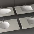 Four Different Shaped Modern Bathroom Washbasins With Faucets On Grey Countertop