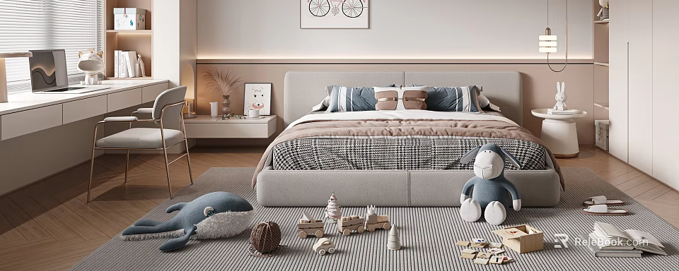 Kids Room Interior With Checkered Bedding Blue Whale Toy Wooden Blocks Alphabet Cards And Bicycle Wall Art 3d model 