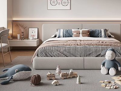 Kids Room Interior With Checkered Bedding Blue Whale Toy Wooden Blocks Alphabet Cards And Bicycle Wall Art 3d model