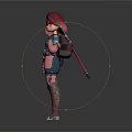 Anime Style Woman With Pink Hair Blue Top And Pink Jacket Holding Weapon In Boots