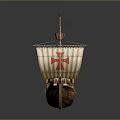 Wooden Sailing Ship With White Sail Red Cross And Historical Deck Details