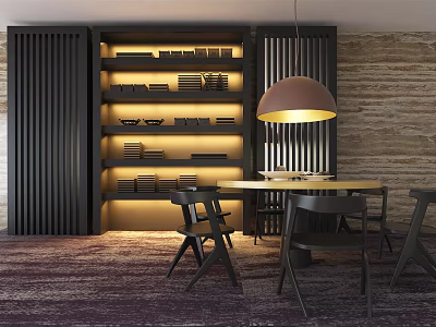Modern Dining Set Interior with Table Chairs Pendant Light and Illuminated Shelves 3d model
