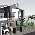 Modern Detached Villa With Angular Roof Large Windows Stone Wall And Palm Trees 3d model