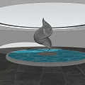 Modern Spiral Metal Sculpture in Circular Water Pool With White Walls and Gray Floor