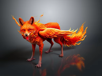 Mythical Flaming Fox with Orange Fiery Fur Standing on Black Background with Reflection 3d model
