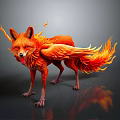 Mythical Flaming Fox with Orange Fiery Fur Standing on Black Background with Reflection