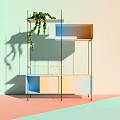 Modern Multi tiered Shelving Unit With Multicolored Panels Green Plants And Pastel Walls