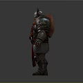Horned Warrior Character With Red Beard Metallic Armor And Red Cape