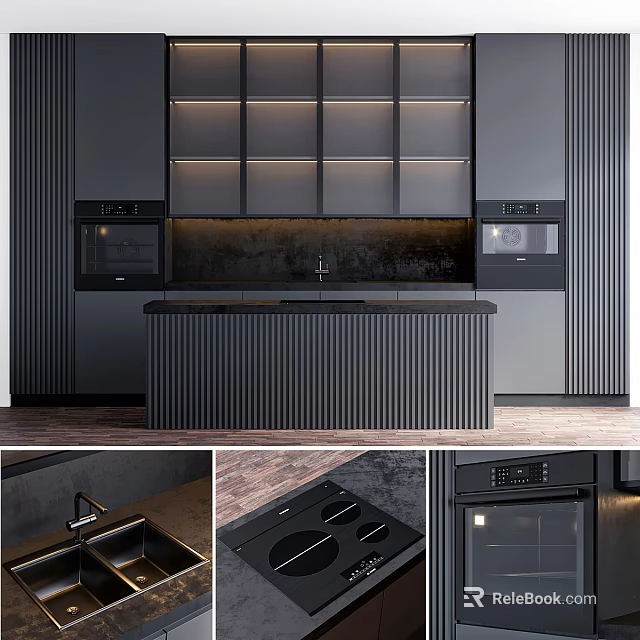 Modern Kitchen With Sleek Cabinets Black Island Counter And Appliances 3d model 