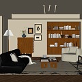 Middle Ancient Living Room Sofa Coffee Table Single Sofa Floor Lamp Green Plant Leisure Chair Side Cabinet Decoration Hanging Painting 3d model