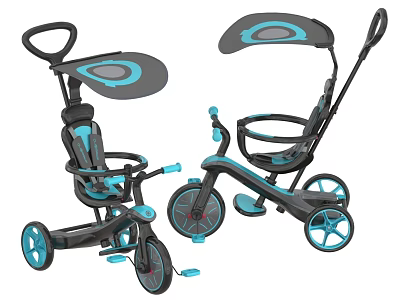Modern Children's Tricycle With Blue Canopy Push Handle And Black Wheels 3d model