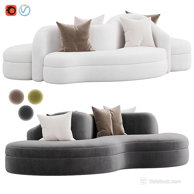 Modern Abstract Shaped Sofa With White And Gray Upholstery And Colorful Pillows 3d model 