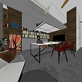Modern Office Interior With Open Layout Ceiling Fan Pendant Lights Work Desk And Bookshelves