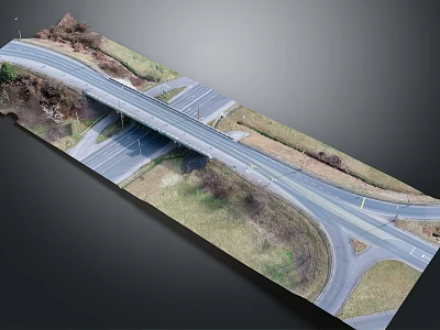 Highway Bridge Over Road Intersection With Curved Turn Lanes Grass Median And Trees 3d model