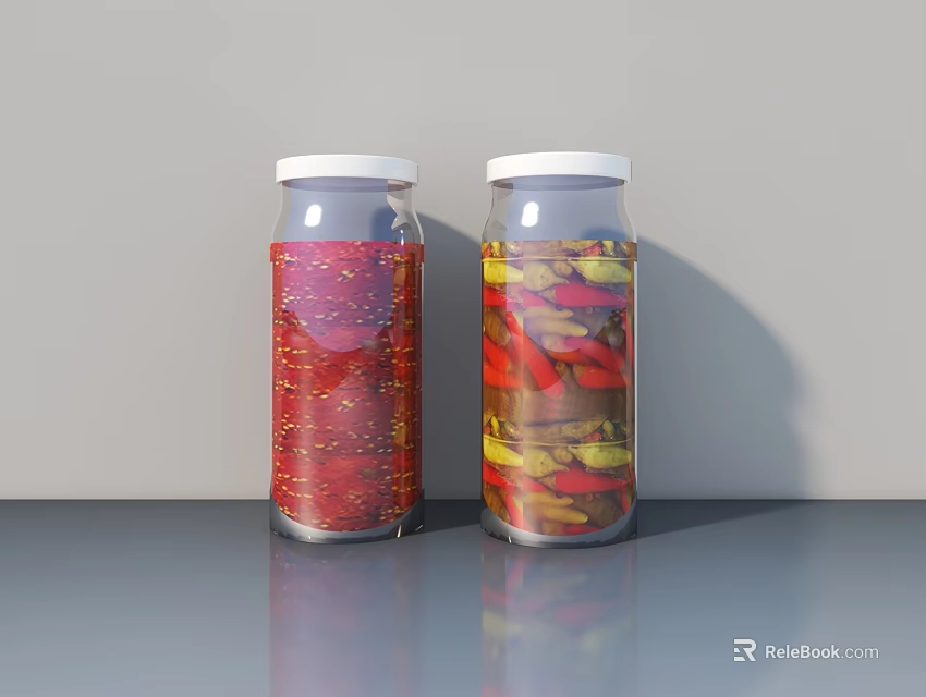 Bonsai Potted Plants In Glass Containers With Red Yellow Elements On Gray Table 3d model 