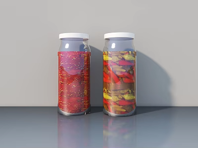 Bonsai Potted Plants In Glass Containers With Red Yellow Elements On Gray Table 3d model