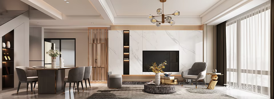 Elegant Modern Living Dining Interior With Marble Wall TV Chandelier Coffee Table And Dining Chairs 3d model 