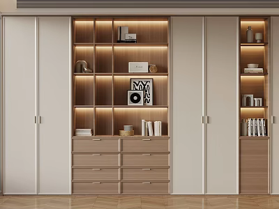 Modern Wooden And White Storage Cabinet With Open Shelves Drawers Lighting And Decorative Items 3d model