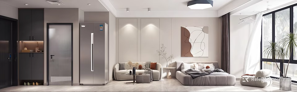 Modern Living Space With Sofa Bed Refrigerator Abstract Art And Decor 3d model 