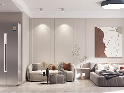 Modern Living Space With Sofa Bed Refrigerator Abstract Art And Decor 3d model