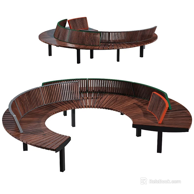 Curved Wooden Sofa Bench With Metal Legs And Green Orange Accents 3d model 