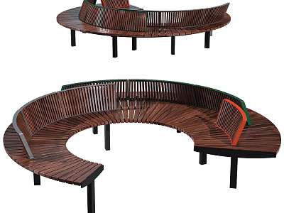 Curved Wooden Sofa Bench With Metal Legs And Green Orange Accents 3d model
