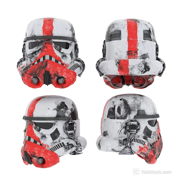 Worn Stormtrooper Helmet With Red White Stripes Shown From Different Angles 3d model 