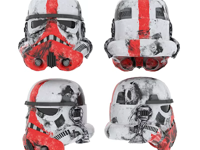 Worn Stormtrooper Helmet With Red White Stripes Shown From Different Angles 3d model
