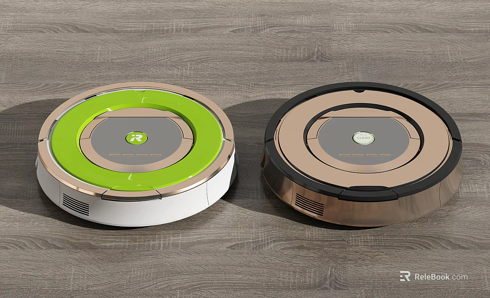 Two Modern Robot Vacuum Cleaners In Green And Brown On Wooden Floor 3d model 