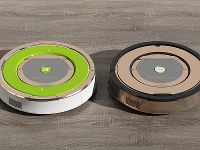 Two Modern Robot Vacuum Cleaners In Green And Brown On Wooden Floor 3d model