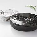 Modern Black and White Marble Coffee Tables with Small Plant and Tray