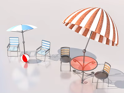 Round Outdoor Table With Striped Umbrella And Chairs For Outdoor Seating 3d model