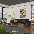Modern Apartment Living Room Featuring Black Leather Sofa Brown Armchair Abstract Painting Bookshelf Blinds Windows