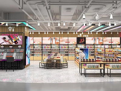 Beauty Store Interior Design With Cosmetics On Shelves And Display Counters 3d model