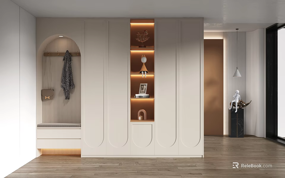 Modern Entryway With Cabinetry Open Shelves And Decor 3d model 