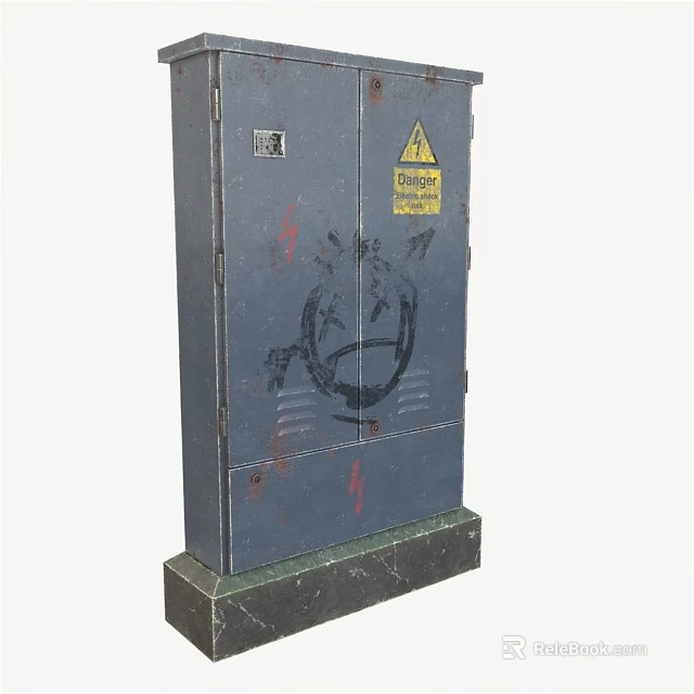 Worn Industrial Control Cabinet With Yellow Danger Sign And Surface Graffiti 3d model 
