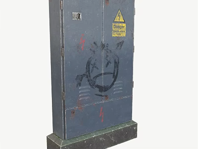 Worn Industrial Control Cabinet With Yellow Danger Sign And Surface Graffiti 3d model