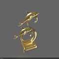 Golden Dolphin Sculpture with Two Leaping Dolphins and Circular Ring Base on Square Pedestal