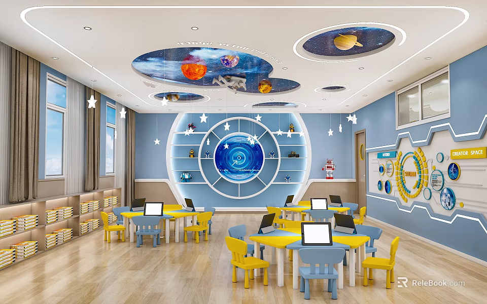 Modern School Classroom With Space Theme Decorations Blue Walls Yellow Blue Tables Chairs And Computers 3d model 