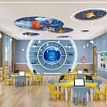 Modern School Classroom With Space Theme Decorations Blue Walls Yellow Blue Tables Chairs And Computers