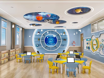Modern School Classroom With Space Theme Decorations Blue Walls Yellow Blue Tables Chairs And Computers 3d model
