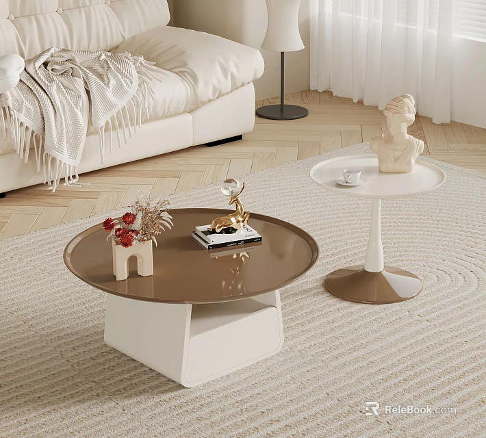 Elegant Modern Sofa Coffee Table Set With White Sofa Round Brown Tabletop And White Base 3d model