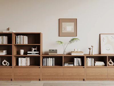 Modern Wooden Bookcase Interior Design With Open Shelves Books Decorative Items And Potted Plant 3d model