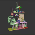 Rustic Decorative Shelf Display With Potted Plant Woven Baskets And Hanging Tools