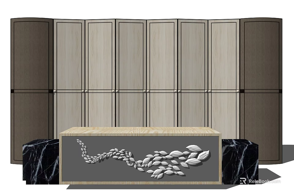 Modern Reception Desk With Wooden Cabinets Marble Base And Leaf Pattern Design 3d model