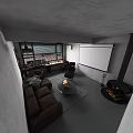 Bright Co working Space Featuring Brown Leather Sofa Office Chair Projector Screen And Ceiling Fan