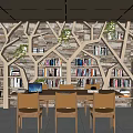 Tree Shaped Wooden Bookshelf Filled With Books And Green Plants In Modern Reading Space