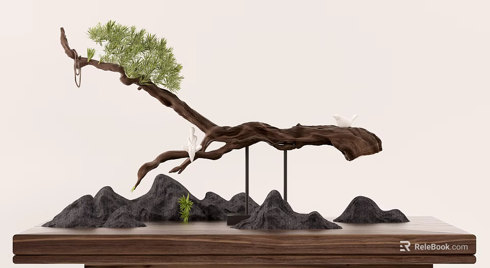 Ornamental Decor Set Featuring Wooden Branch Green Pine Leaves White Birds Rock Formations On Tabletop 3d model 