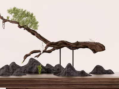 Ornamental Decor Set Featuring Wooden Branch Green Pine Leaves White Birds Rock Formations On Tabletop 3d model